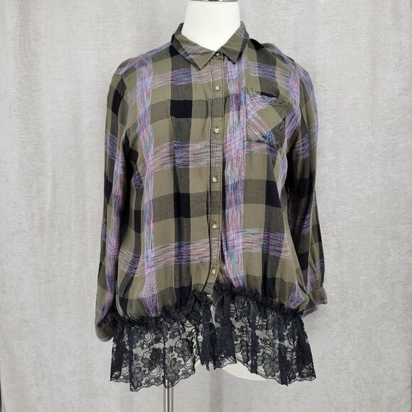 Upcycled Green Flannel Black Lace Button Down Shirt Women's Plus Size 26/28W - Picture 1 of 11